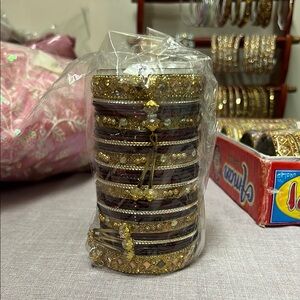 Maroon and gold metal bangles set